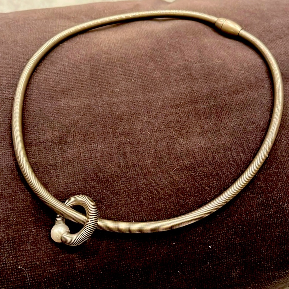Modern brushed metal and faux pearl necklace